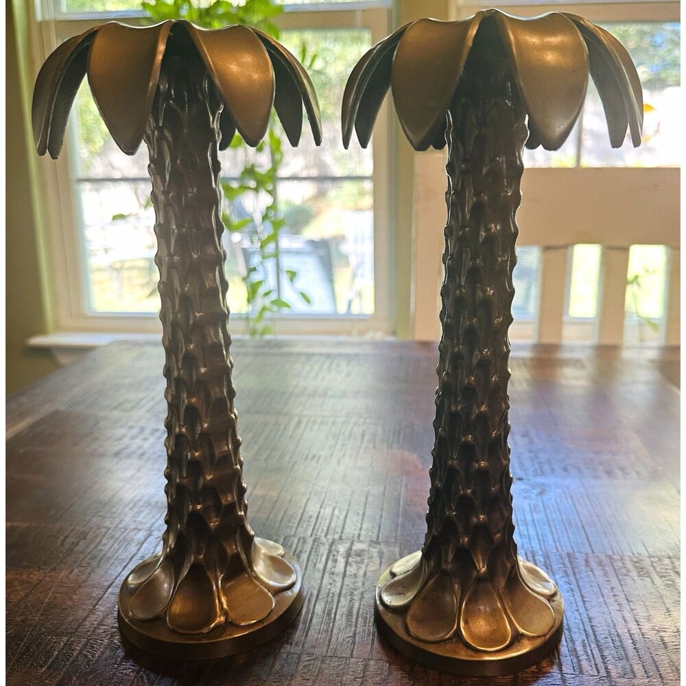 Vintage Brass Palm Tree Candlestick Holders Pair Hollywood Regency India Taper